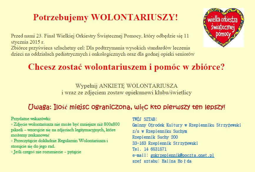 Rzepiennicki sztab WOŚP poszukuje wolontariuszy!